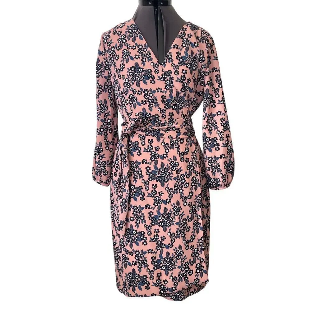 J. Crew Floral Pink Crepe 3/4 Sleeve V-Neck Knee Length Wrap Dress • Size 6 🗣 - Picture 2 of 4